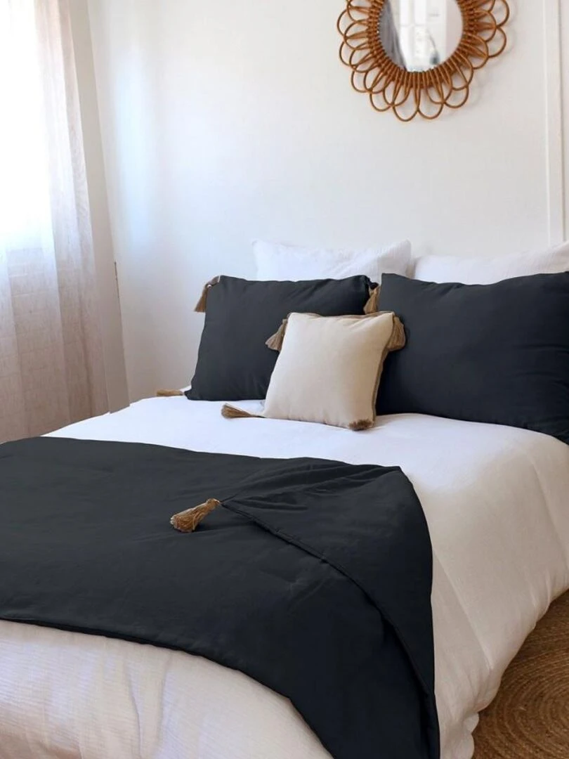 Édredon Panama 90x190 cm pompons jute gris foncé   Gris