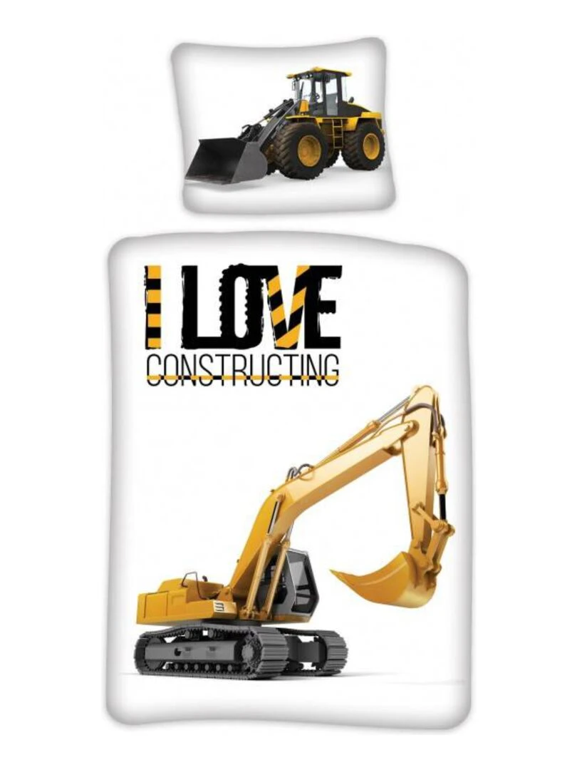 Parure de Lit Bébé Coton Réversible Pelleteuse Tracteur Blanc