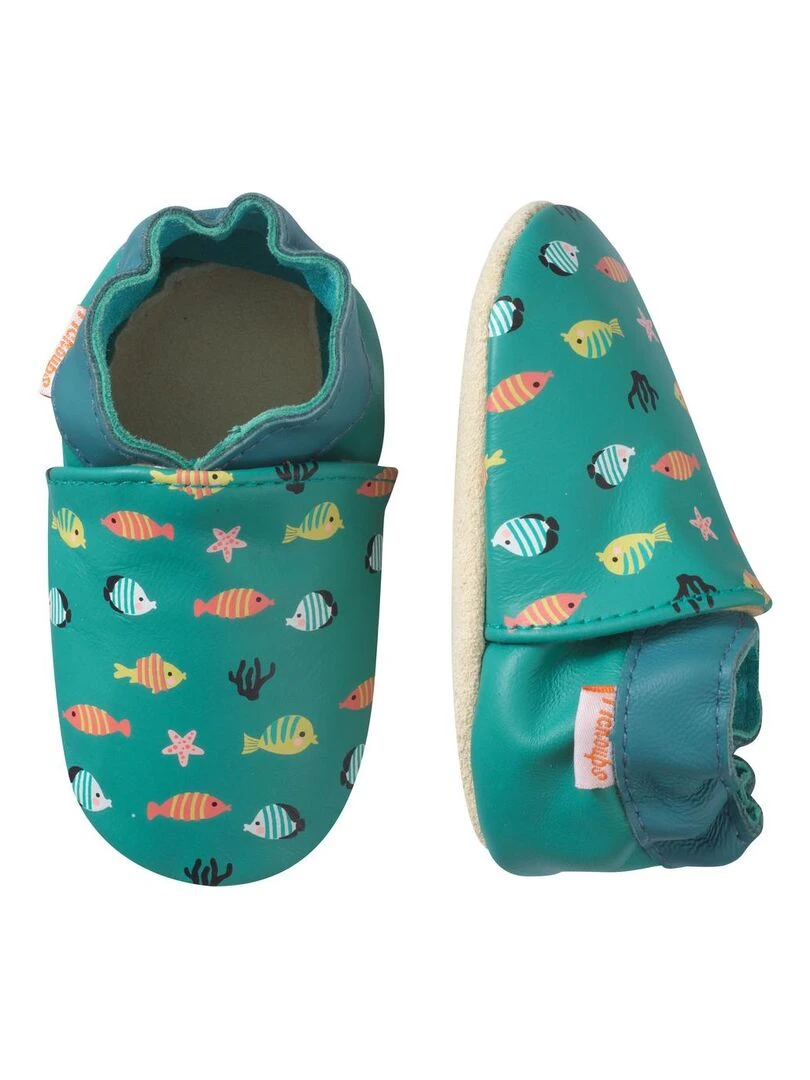 Chaussons bébé cuir souple Simon et Ninon les poissons Vert