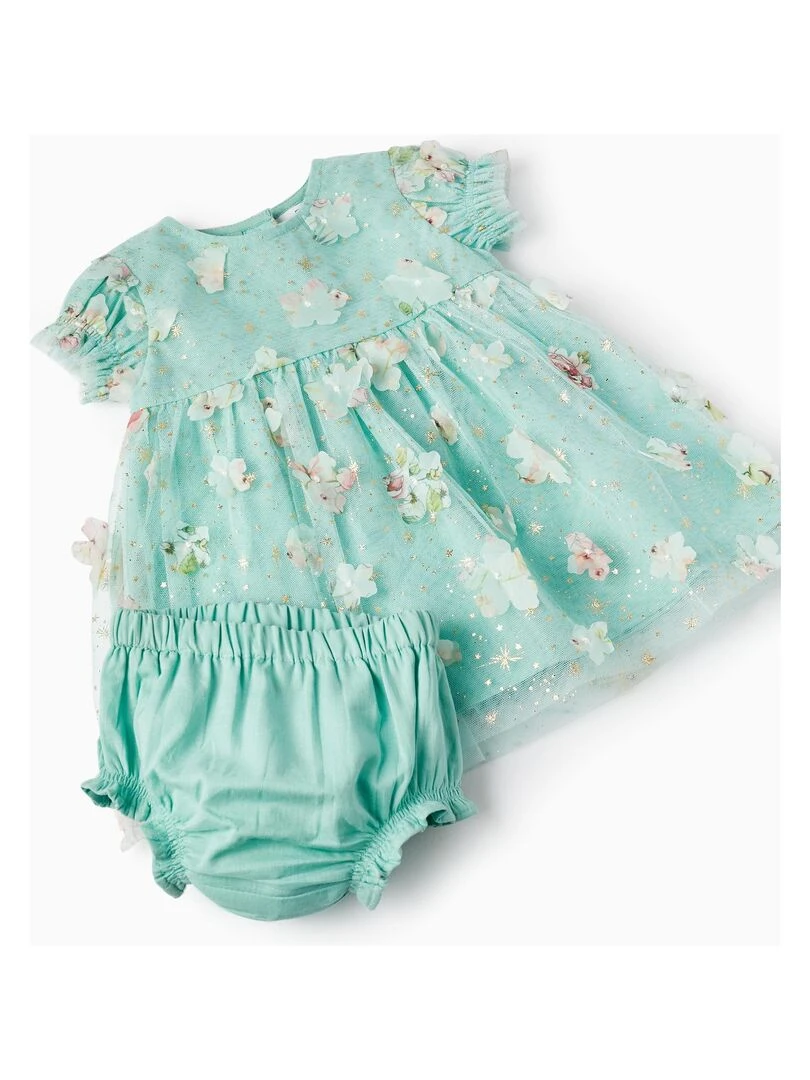 Robe en Tulle et Fleurs + Bloomer pour Nouveau Né manches courtes CÉRÉMONIE   Vert