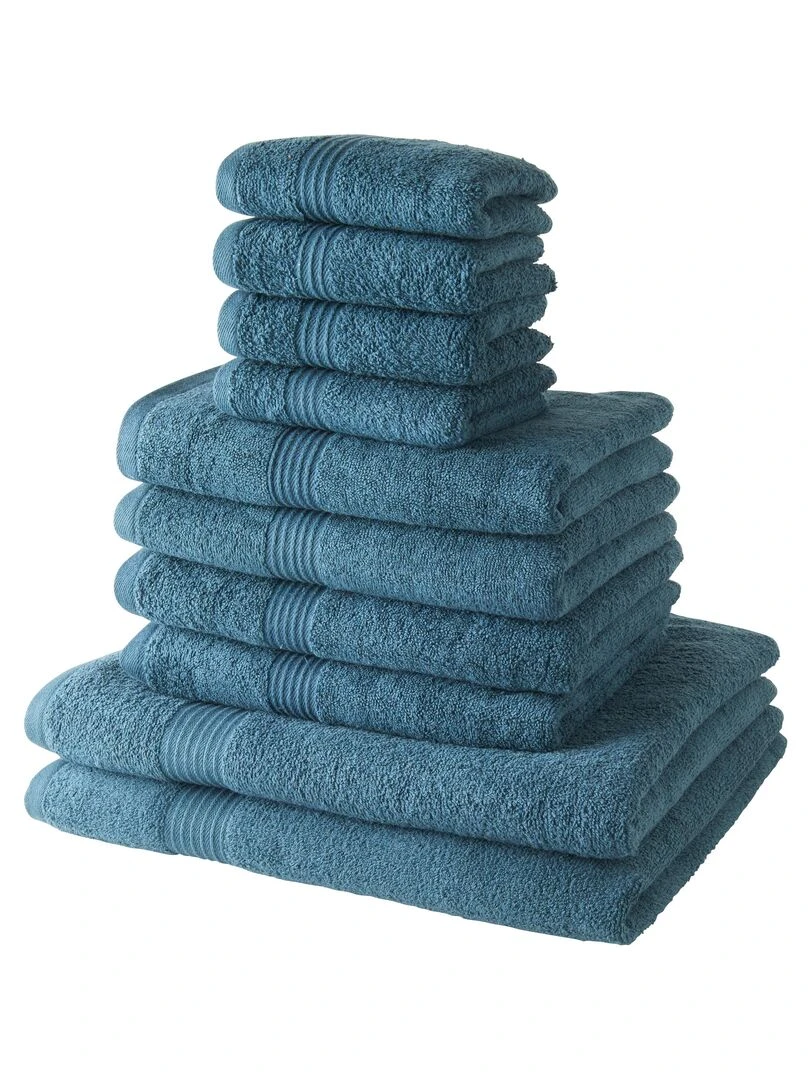 Lot de 4 serviettes invité + 4 serviettes de bain + 2 draps de bain coton uni ESSENTIAL Bleu pétrole