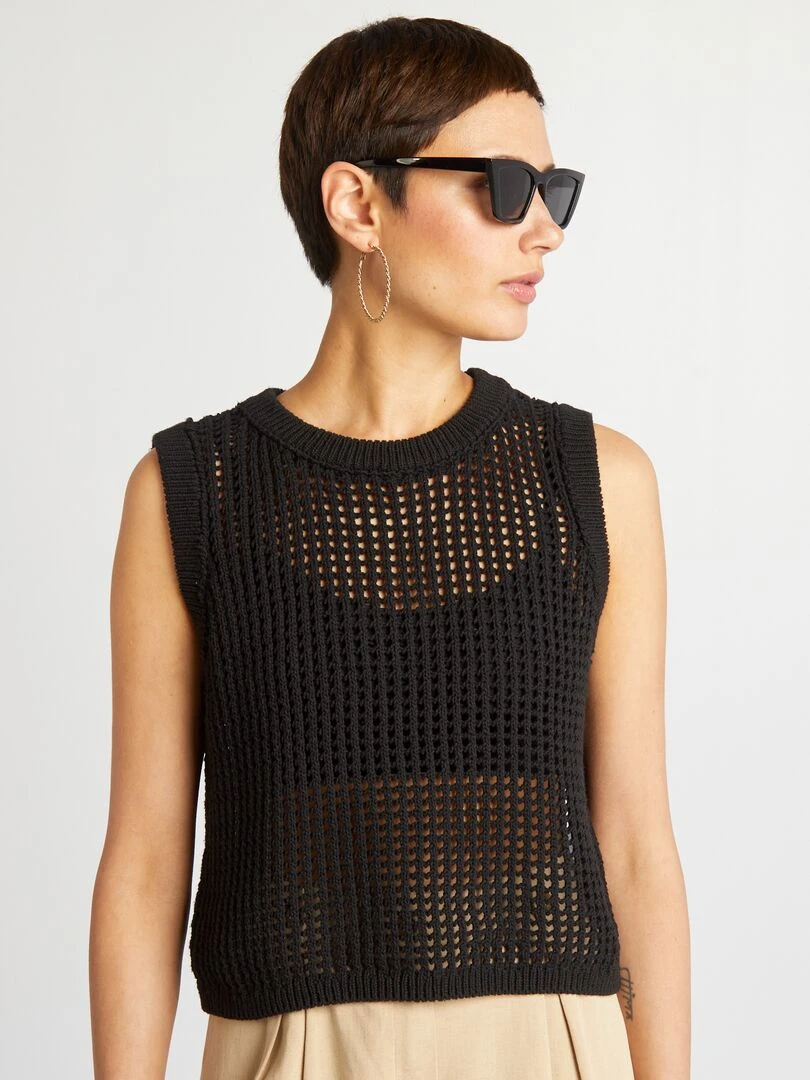 Pull sans manches en maille crochet   noir