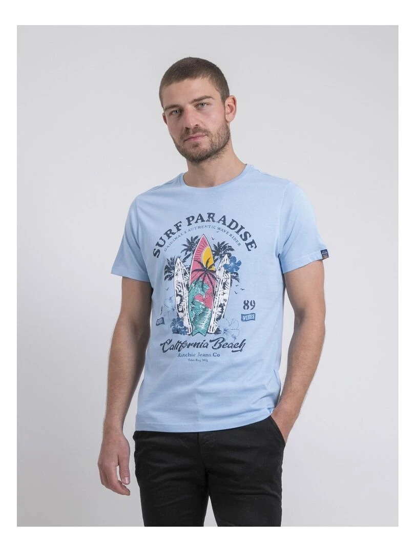 T shirt col rond pur coton NOUKIWI Bleu ciel