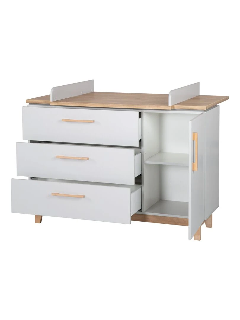 ROBA Commode à Langer "Caro" – avec Plan Amovible – 3 Tiroirs + 1 Porte – Gris clair/ Chêne doré   Gris clair