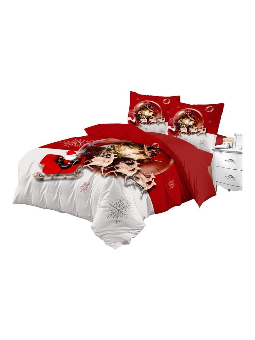 Housse de couette + taies 200 x 200 cm + drap housse Rennes de noel et traineau Rouge