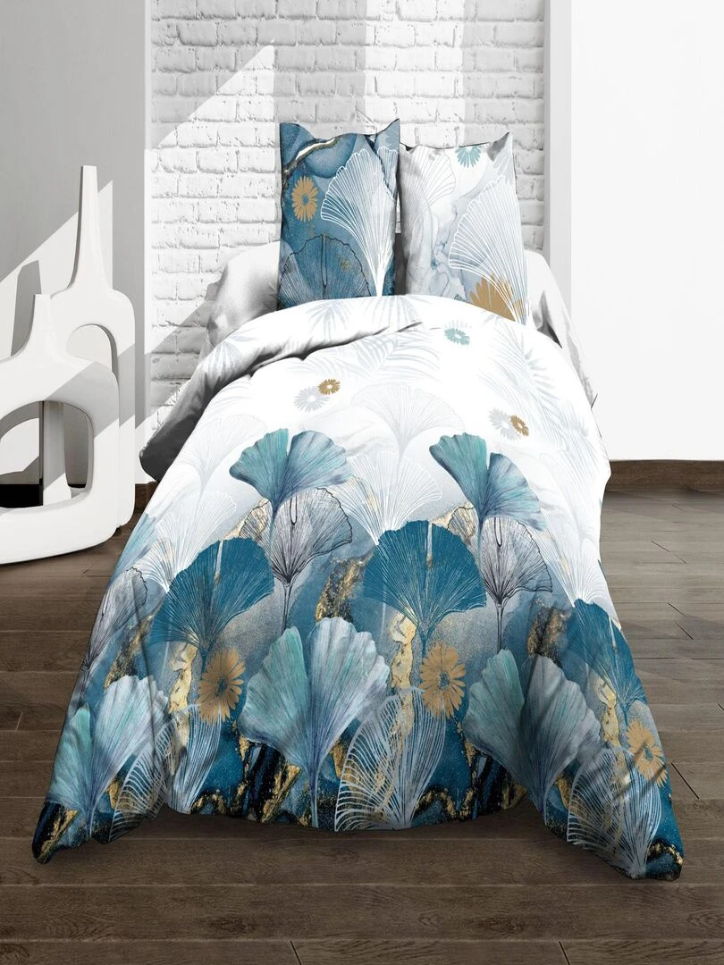 Housse de couette 240x260 + 2 taies Pur coton 57 fils Ginko bleu Bleu