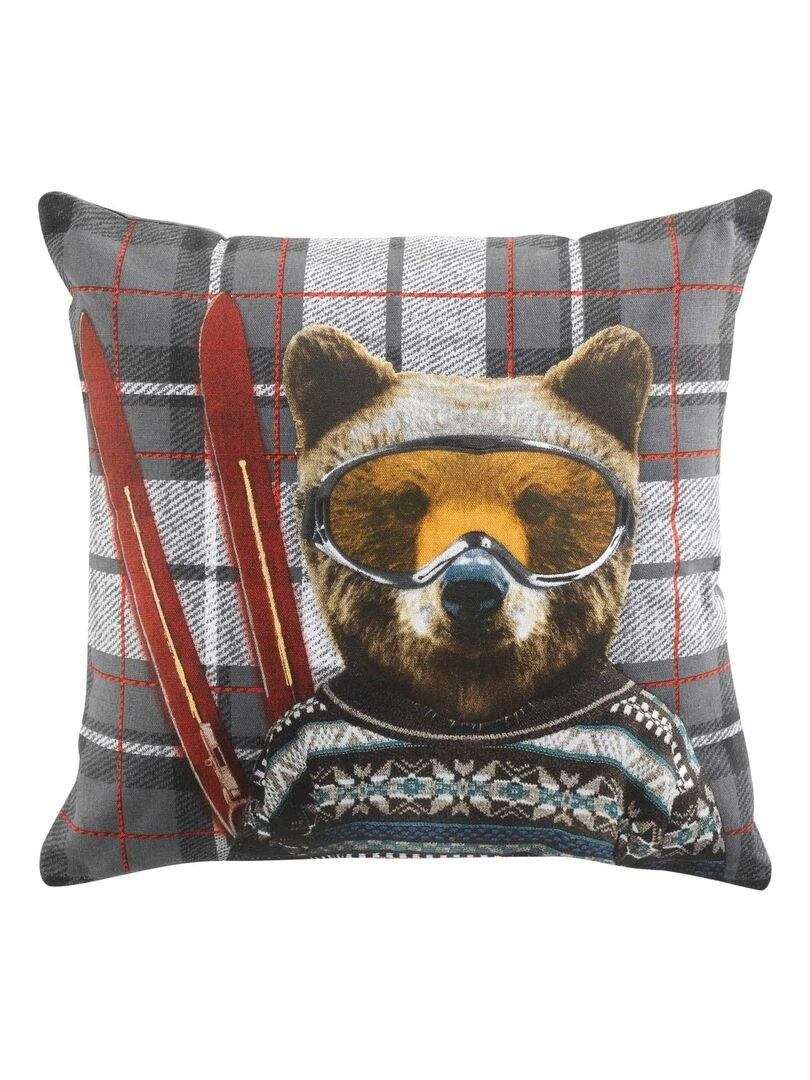 Coussin 40 x 40 cm Ours brun au ski Gris