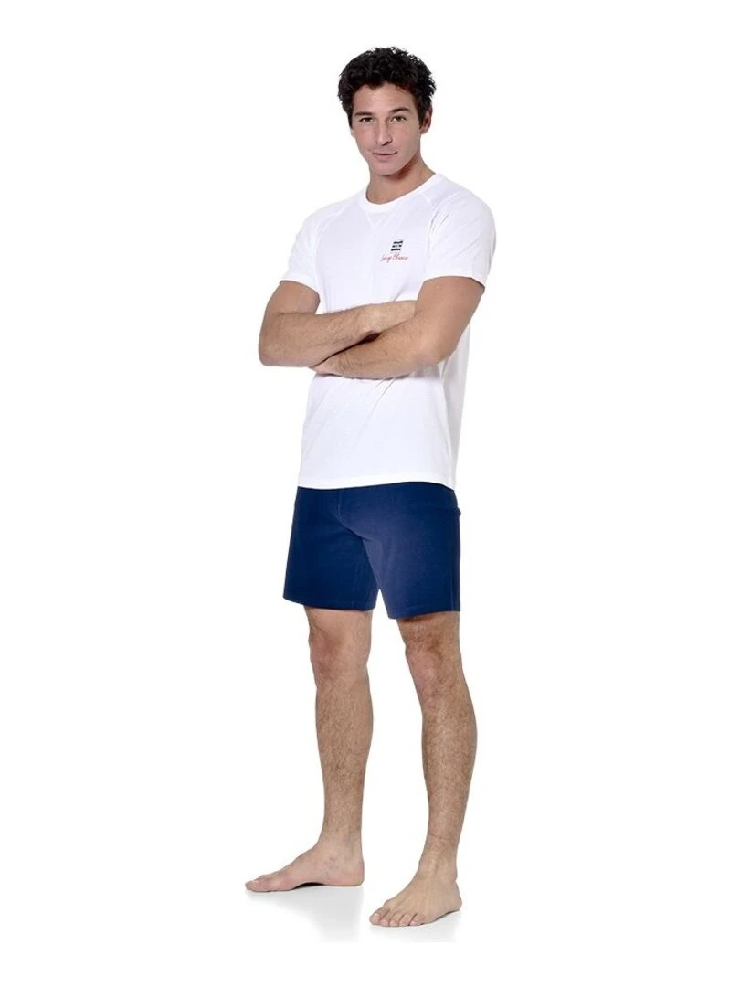 Ensemble pyjama court homme avec t shirt col V Dom Serge Blanco   Blanc Bleu