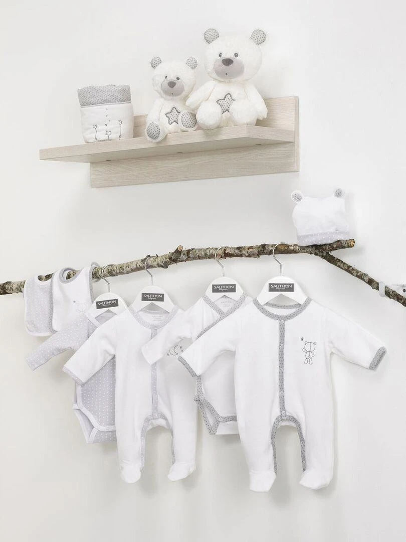 Pyjama bébé en velours à  manches longues   SAUTHON   Blanc Gris anthracite