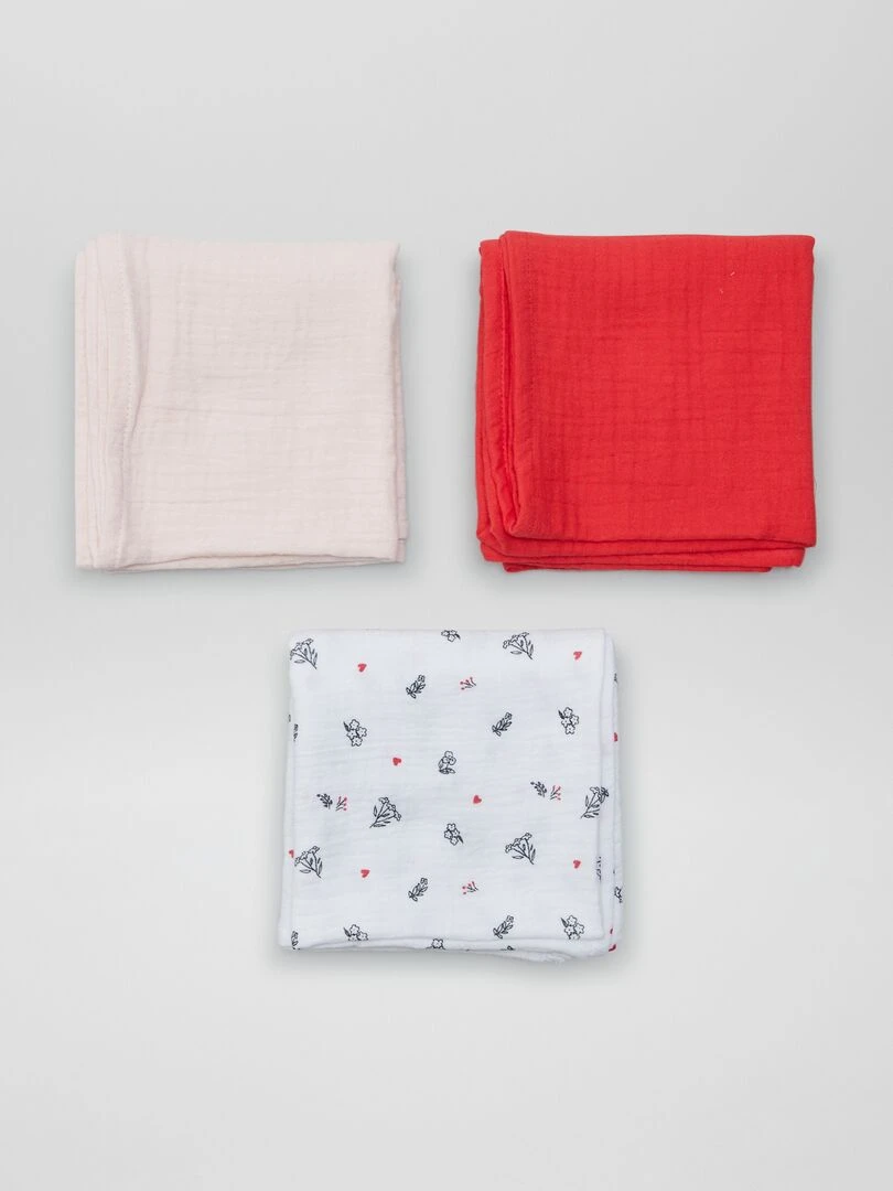 Lot de 3 langes en gaze de coton   Blanc/rouge/rose