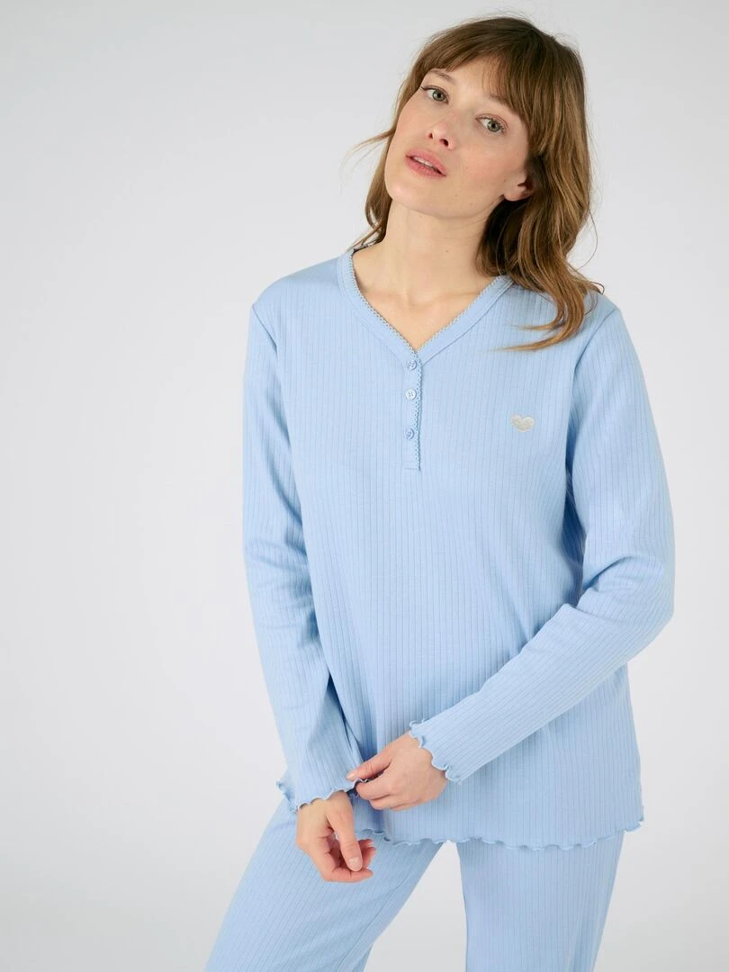 Pyjama maille interlock côtelée douce et souple   Damart   Bleu