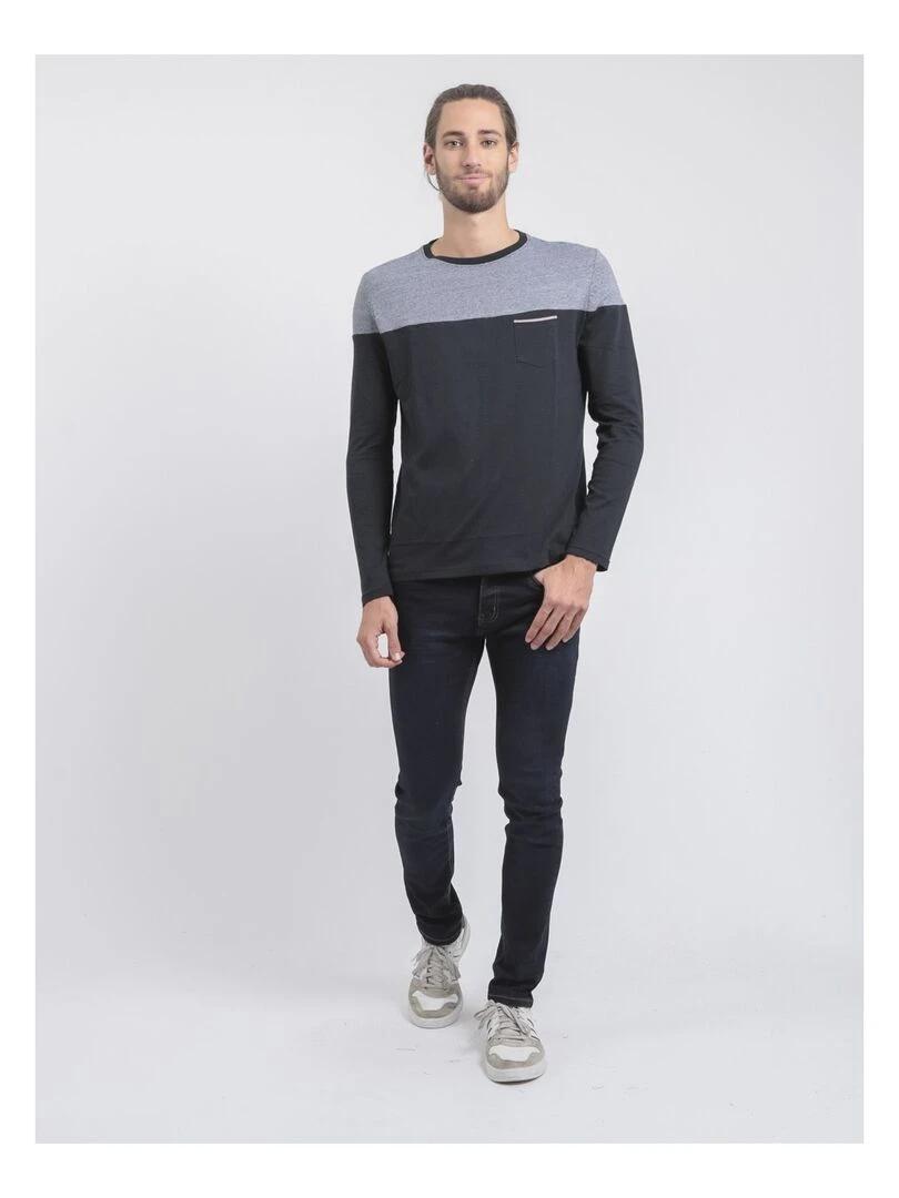 T shirt manches longues col rond pur coton JUPINEL   Bleu marine