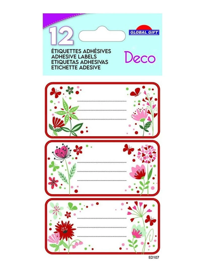12 étiquettes adhésives scolaires Rectangle Fleurs et coeurs Paillettes N/A