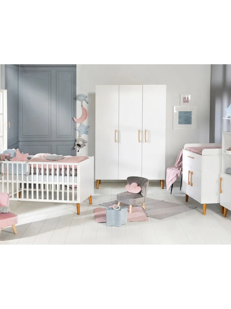 ROBA Lit bébé évolutif "Mick"   70x140   Hauteur Réglable   3 Barreaux Amovibles   Blanc/Décor Bois   Blanc