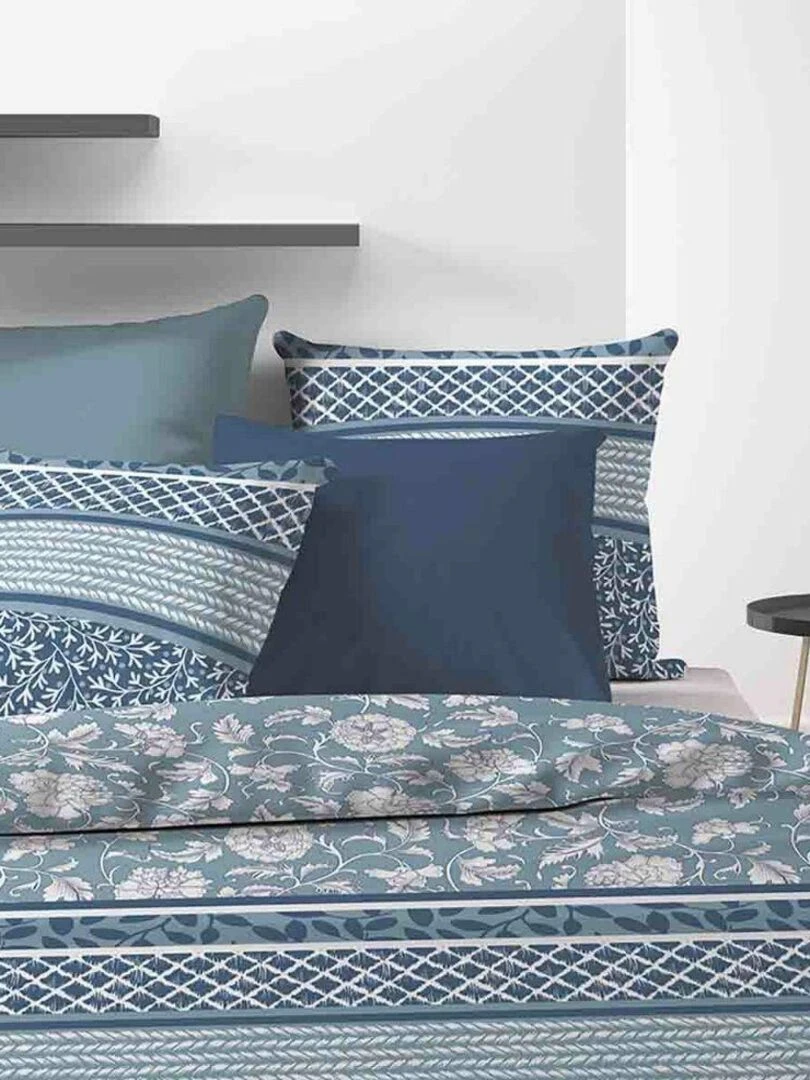 Housse de couette 220x240 cm + 2 taies d'oreiller 65x65 cm 100% Coton Bio 57 fils Debby   Bleu