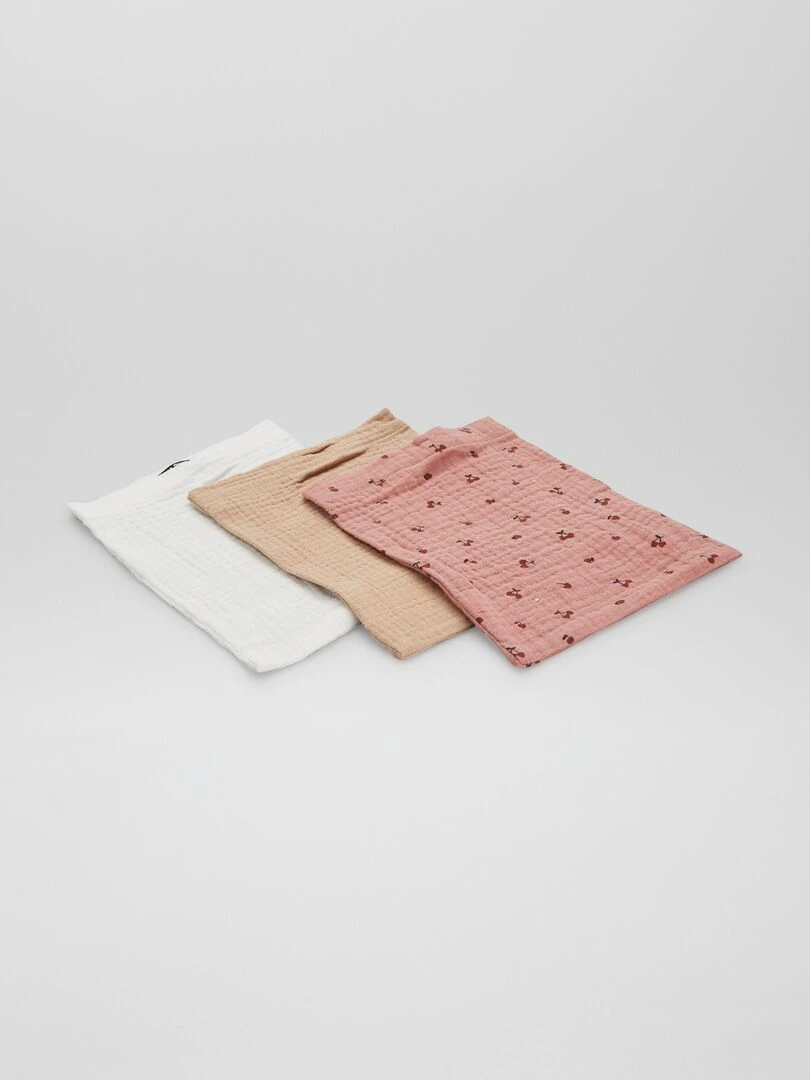 Lot de 3 gants de toilettes en lange Rose/écru/marron