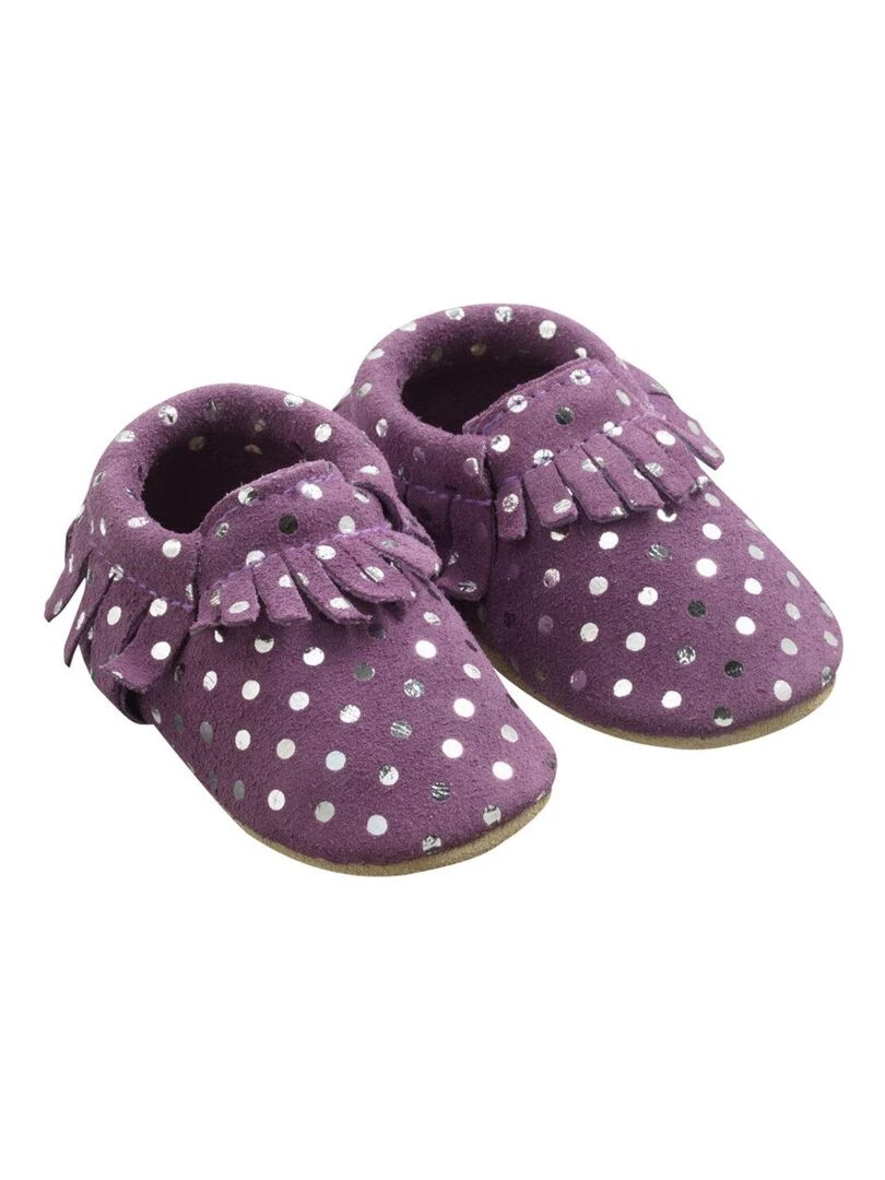 Chaussons cuir souple à franges prune à pois Violet prune