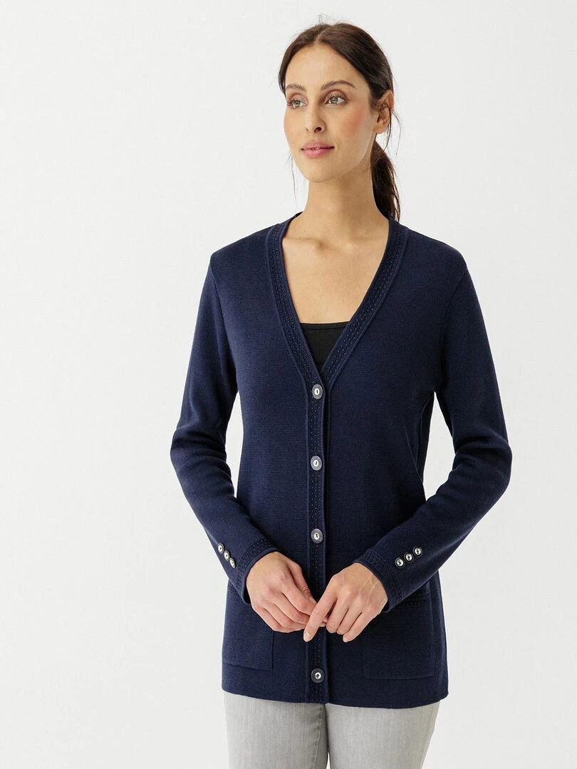 Veste maille milano 50% laine mérinos Damart Bleu marine