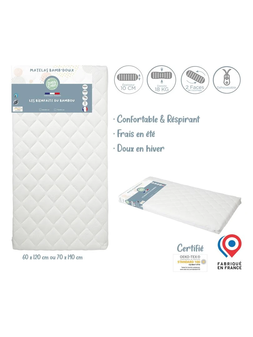 Matelas lit Bamb'Doux déhoussable 60x120 cm 24kg/m3 Blanc