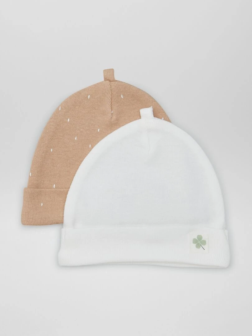 Lot de 2 bonnets de naissance Beige/blanc