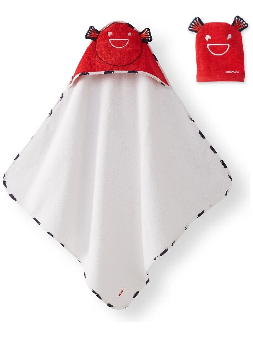 Serviette de bain 80x80 cm + Gant 15x21 cm blanc et rouge 100% Coton Rouge