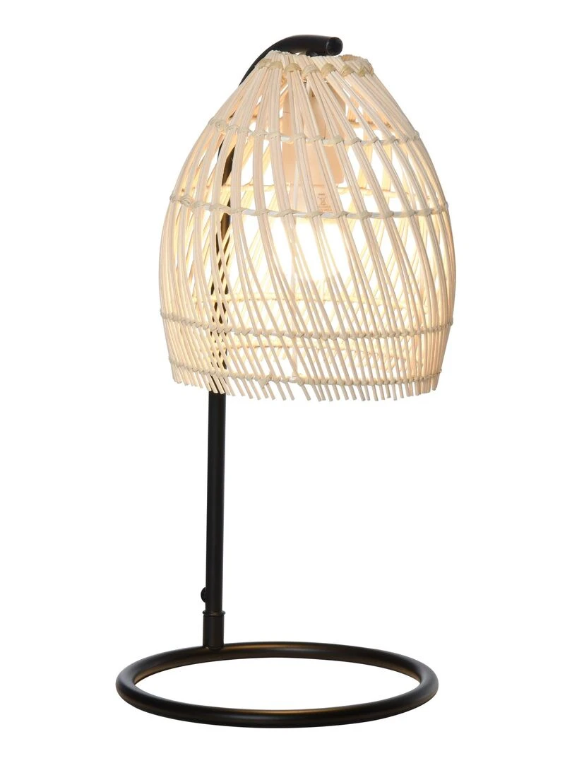 Lampe de table arquée style néo rétro rotin naturel métal noir Beige
