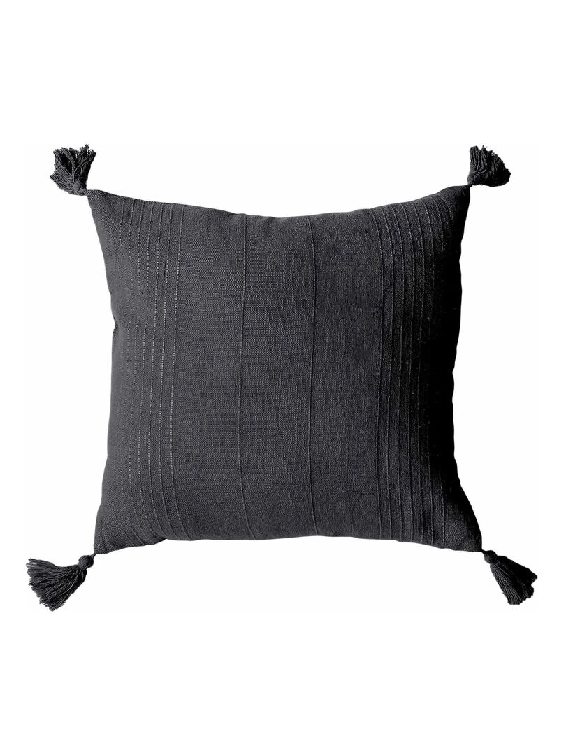Coussin coton recyclé et pompons gris anthracite