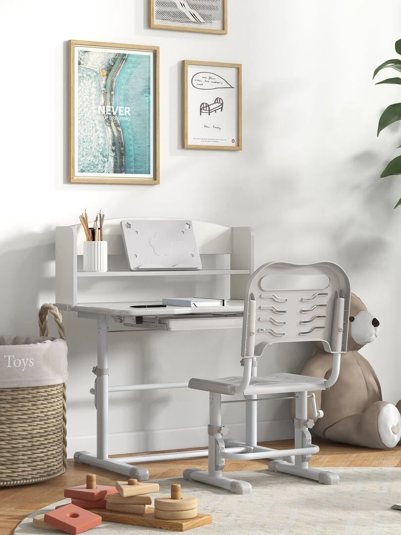 Bureau enfant avec chaise et étagère ensemble réglable gris blanc Gris