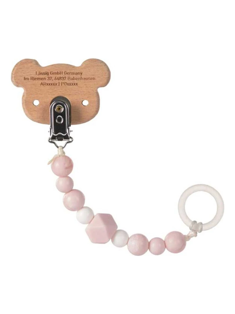 Attache tétine en bois et perles en silicone Souris Blanc Rose