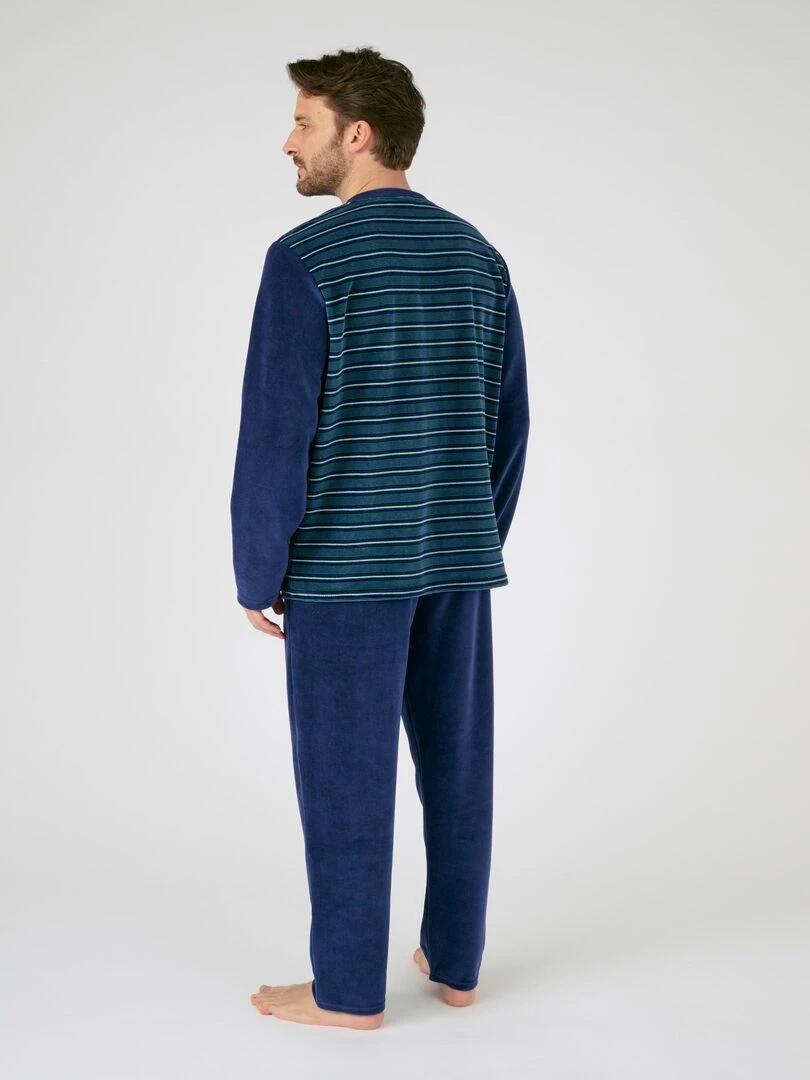 Pyjama velours rayé mélange coton   Damart   Bleu