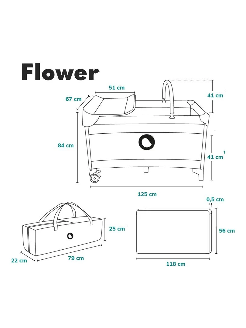 LIONELO Flower   Lit parapluie bébé 2en1   0 36 mois   Sac de Transport   Pliage Rapide   Roulettes   Gris foncé