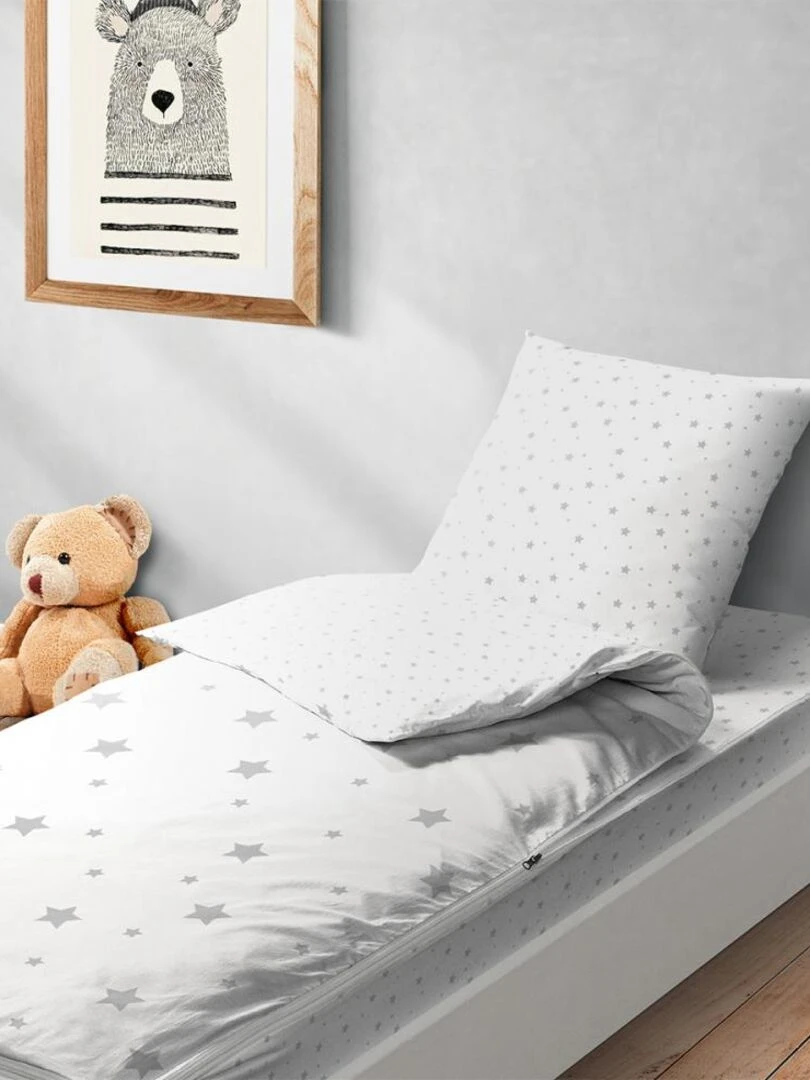 Bleu Câlin Caradou® Mixte Etoiles Parure de Lit Enfant : Couchage Tout en Un avec Couette   90x190cm   Blanc Gris