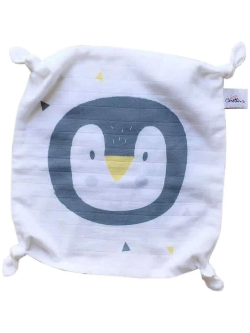 Doudou Plat Bio Pingouin Made in France Blanc