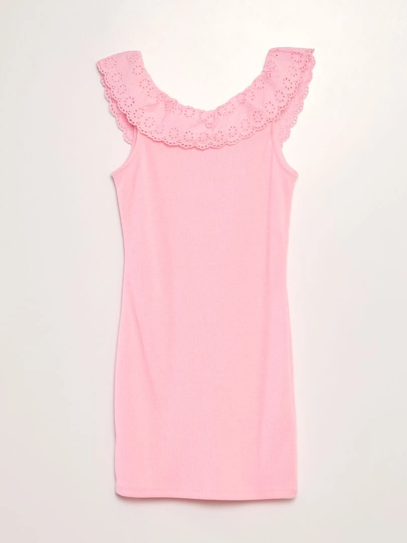Robe côtelée avec large col brodé Rose