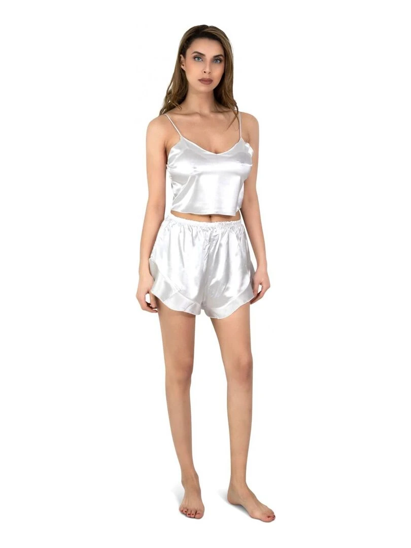 Ensemble Pyjashort fluide en satin Kebello   Blanc Blanc
