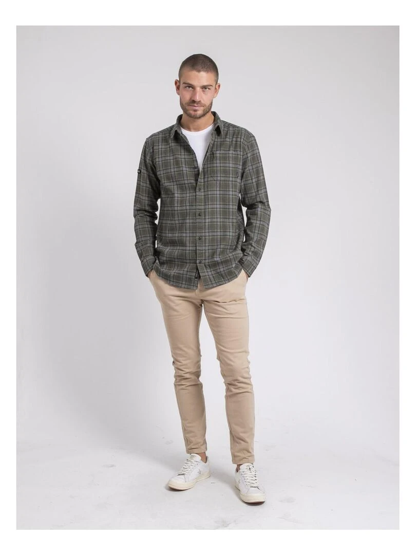 Chemise manches longues carreaux pur coton flanelle TADUMIR   Kaki