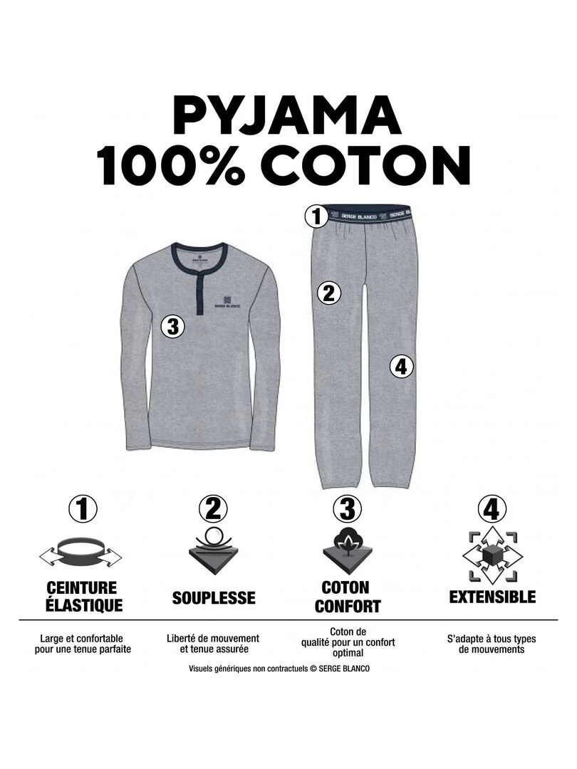 Ensemble pyjama court homme avec t shirt col V Dom Serge Blanco Blanc Bleu