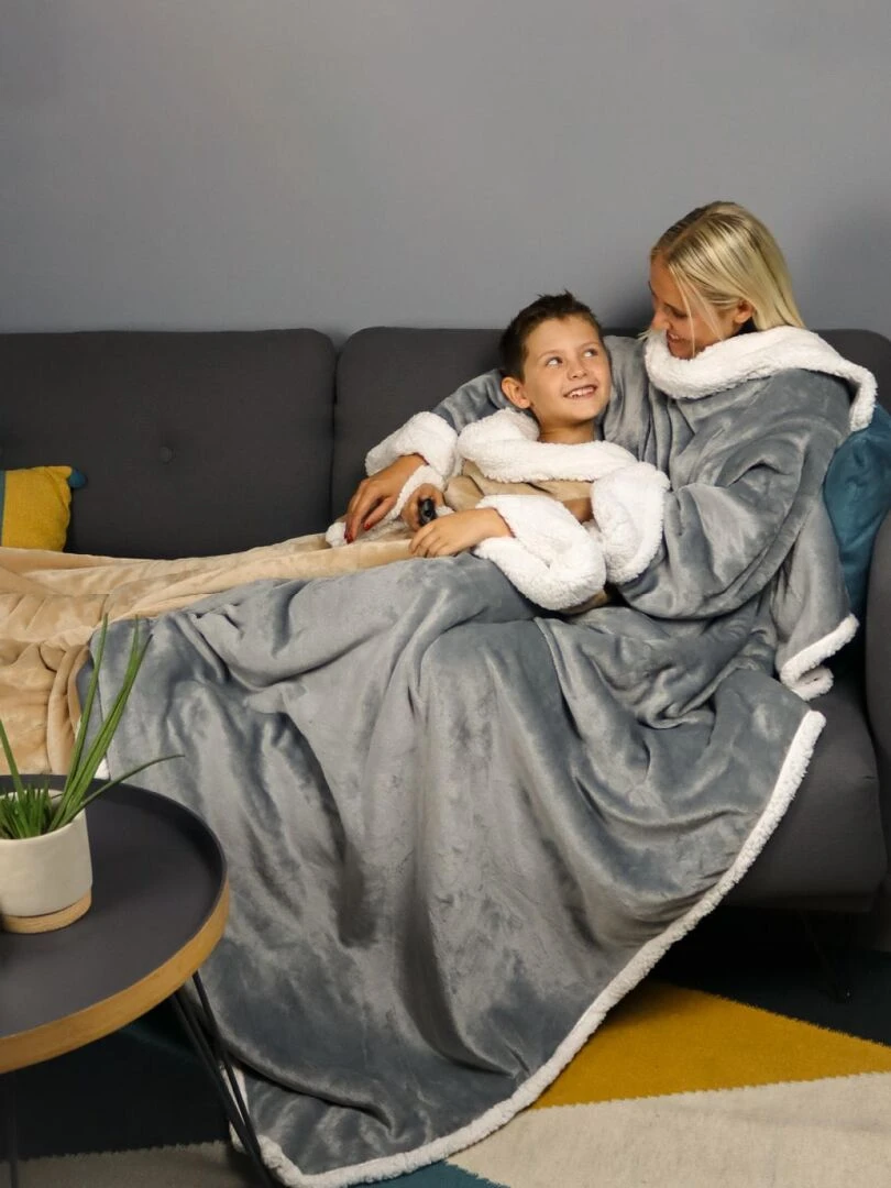 Couverture polaire  plaid intégral avec manches et poche   Sherpa et flanelle   Vivezen   Bleu