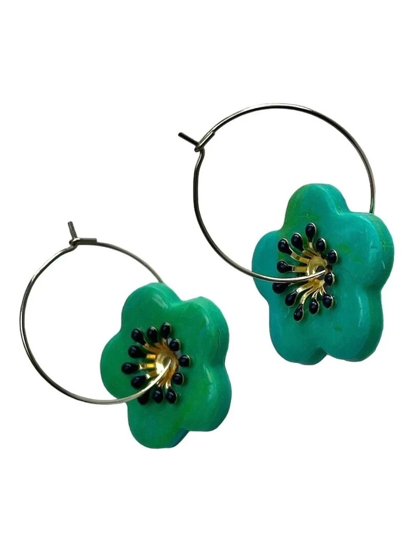 Boucles d'oreilles créoles fleur verte Modèle fait main Vert