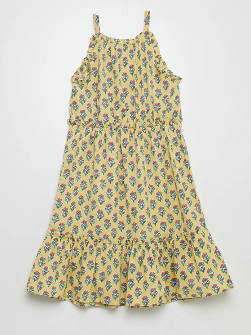 Robe corolle à motif avec base volantées Jaune