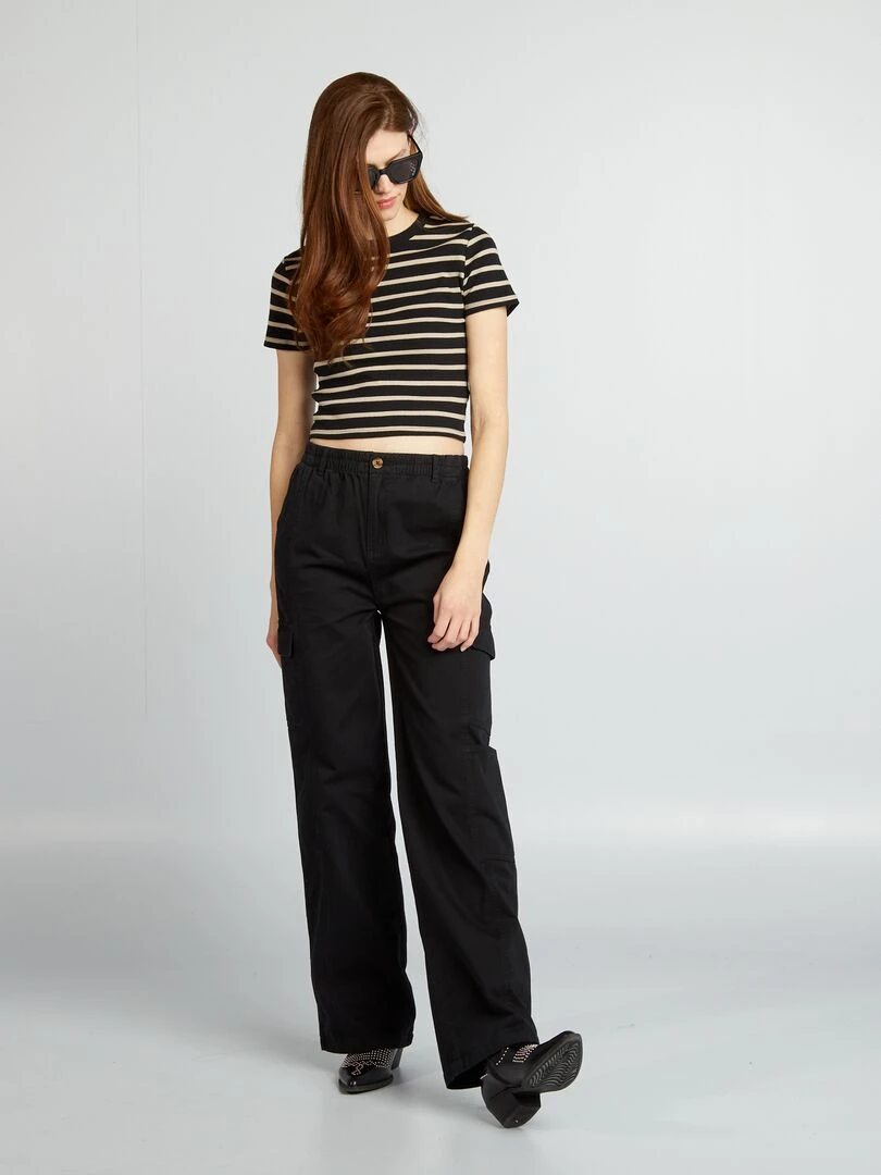 Tee shirt crop top marinière Noir/beige