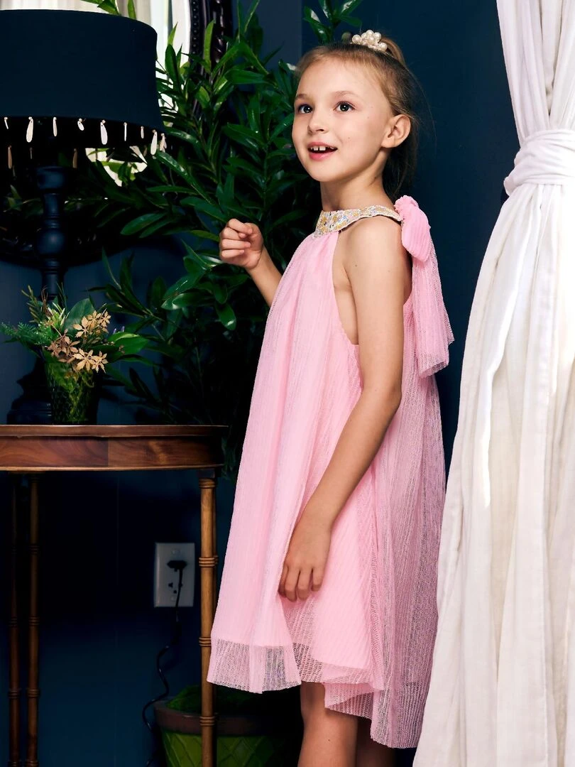 Robe Cérémonie Rose Fille  Col Fleuri Jaune  ALIZEE   La Faute à Voltaire   Jaune