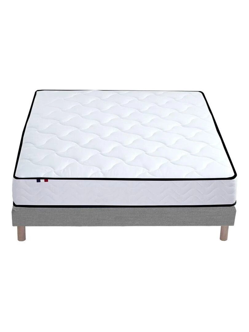 Ensemble Matelas Ressorts + Mémoire de forme + sommier ELOISE Made in France Sommier Gris chiné Blanc