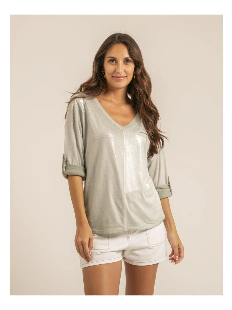 T shirt col V bimatiere FILINIE Kaki