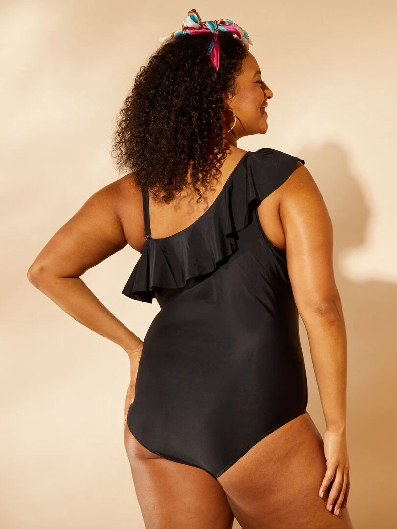 Maillot de bain asymétrique à volants 1 pièce noir