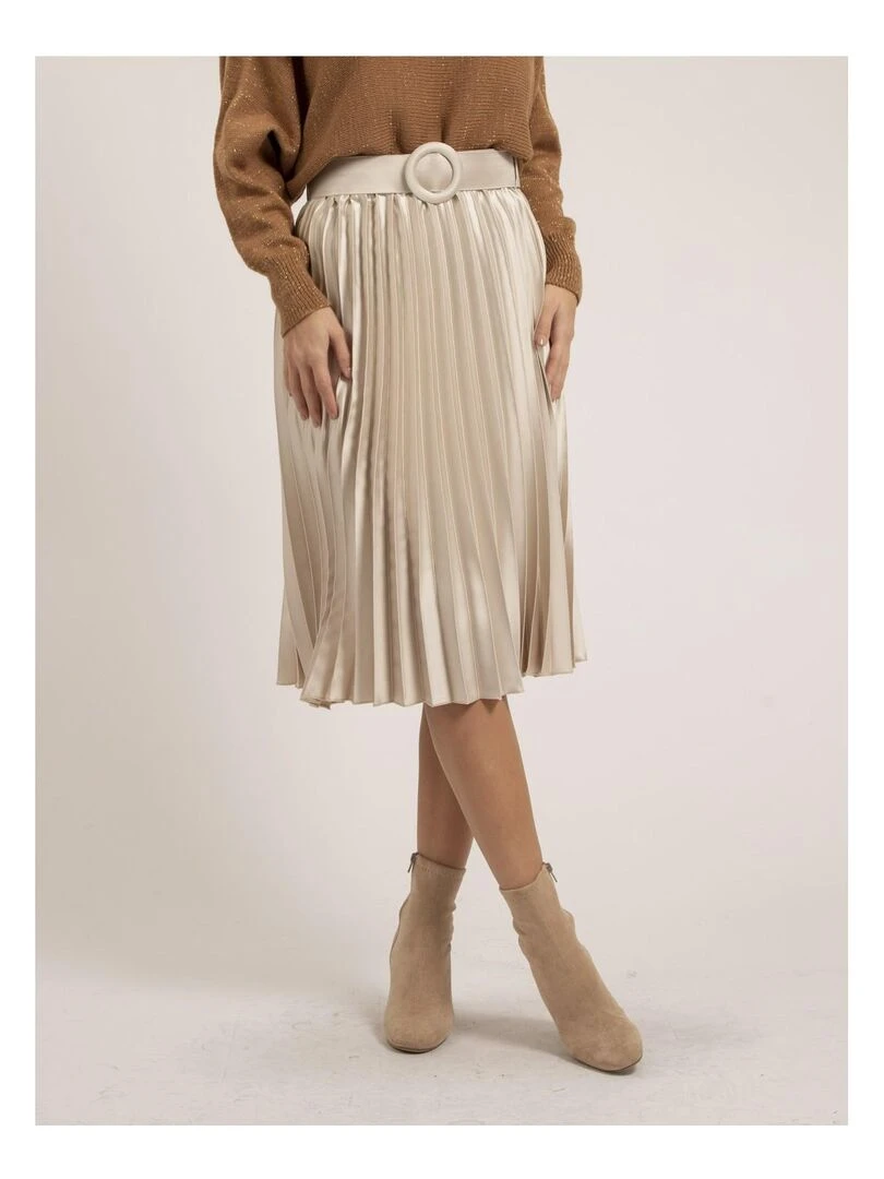 Jupe mi longue plissée satin et ceinture XOLIA Beige