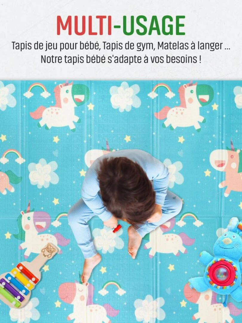 Tapis d'Eveil Pliable Réversible Bébé Licorne & Animaux par Kidol   Bleu