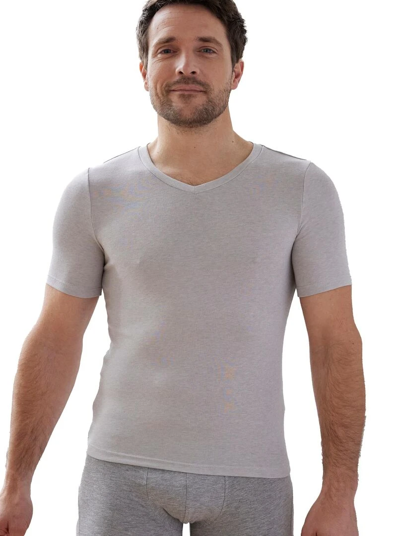 T shirt col V manches courtes fine côte Thermolactyl Sensitive Damart Gris chiné