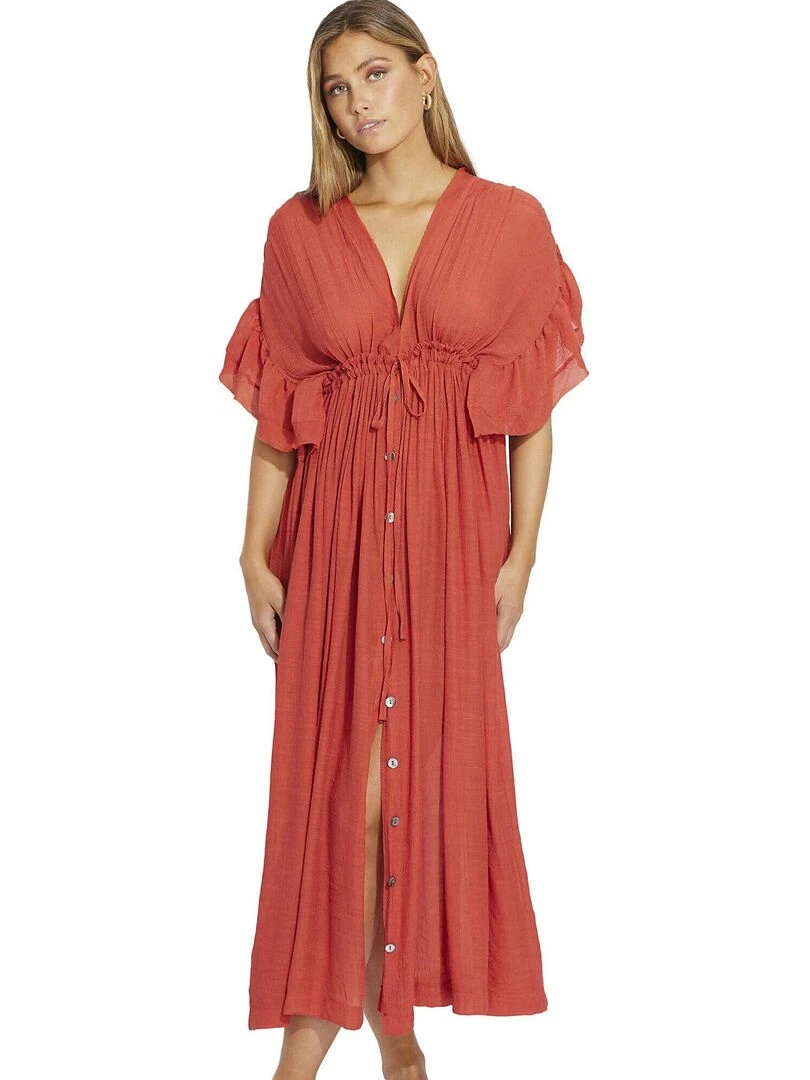Robe longue estivale à volants Mojito Orange corail