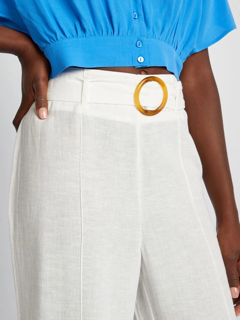 Pantalon large taille haute en lin   Blanc